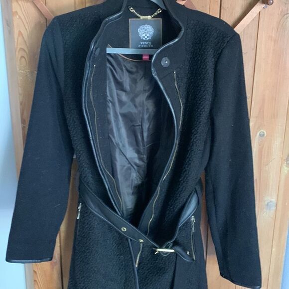 Vince Camuto black wool blend faux leather belted coat - Picture 6 of 11